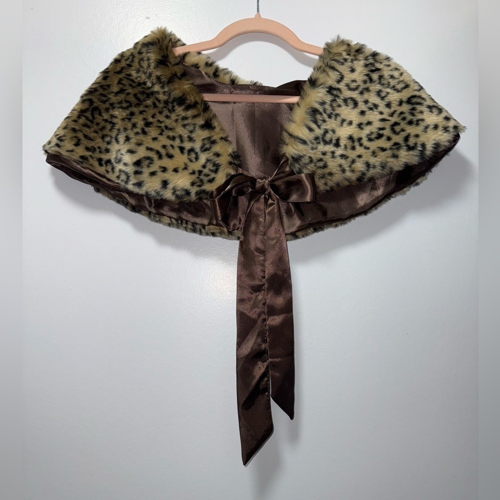 Leopard Print Faux Fur Wrap with Brown Satin Tie